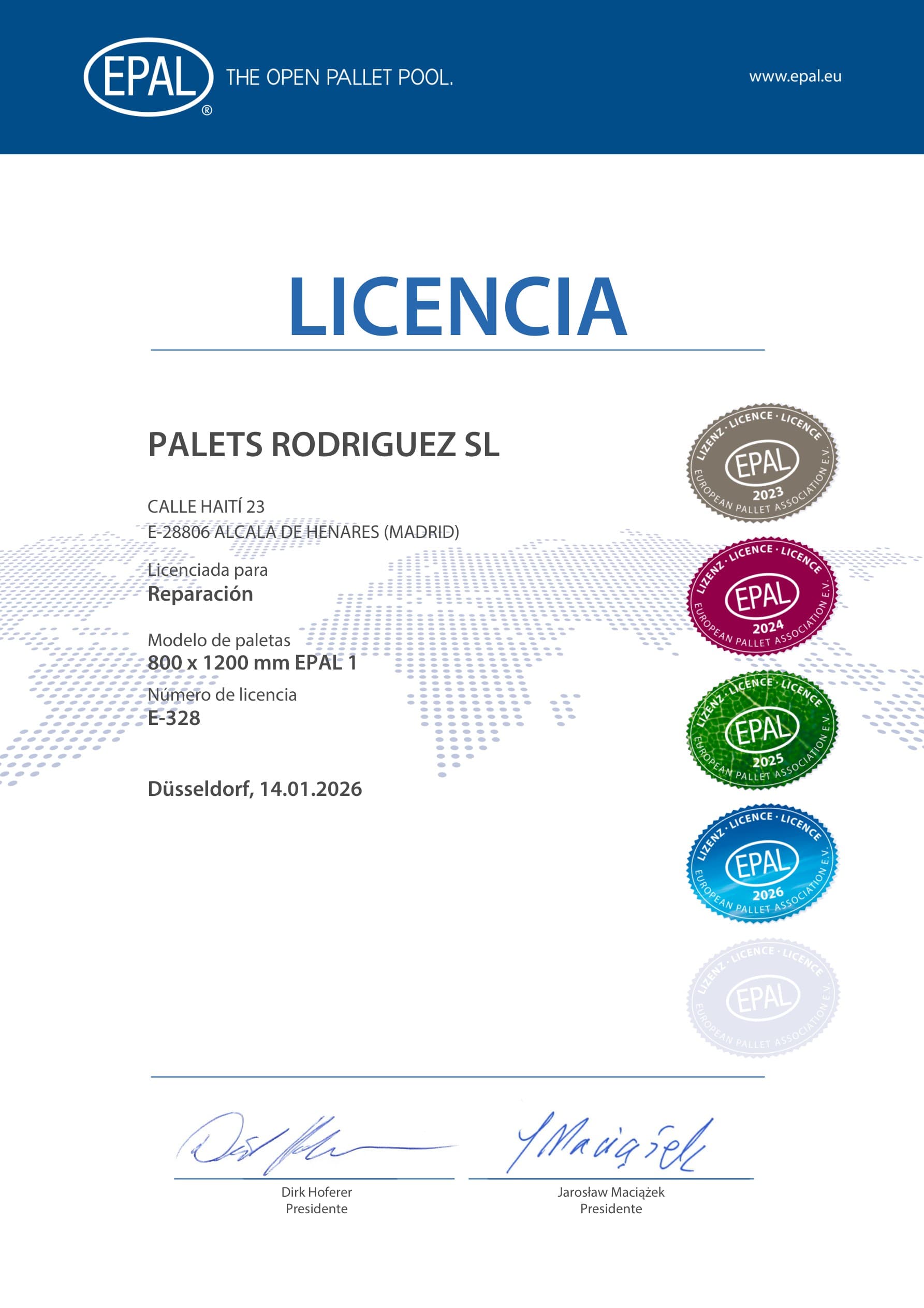 Certificado de licencia EPAL de Palets Rodríguez, S.L.