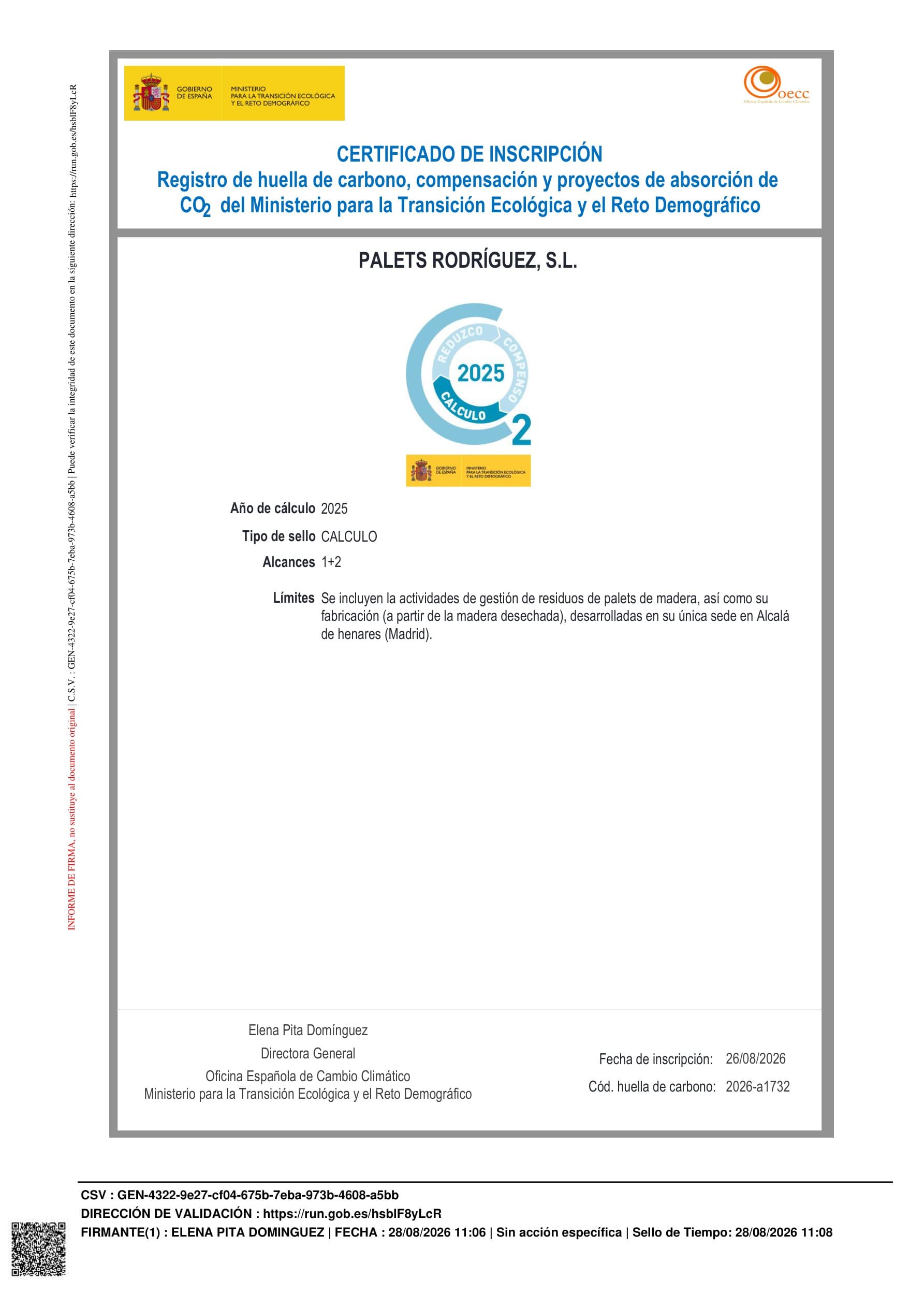 Certificado de inscripción en el Registro de huella de carbono del MITECO