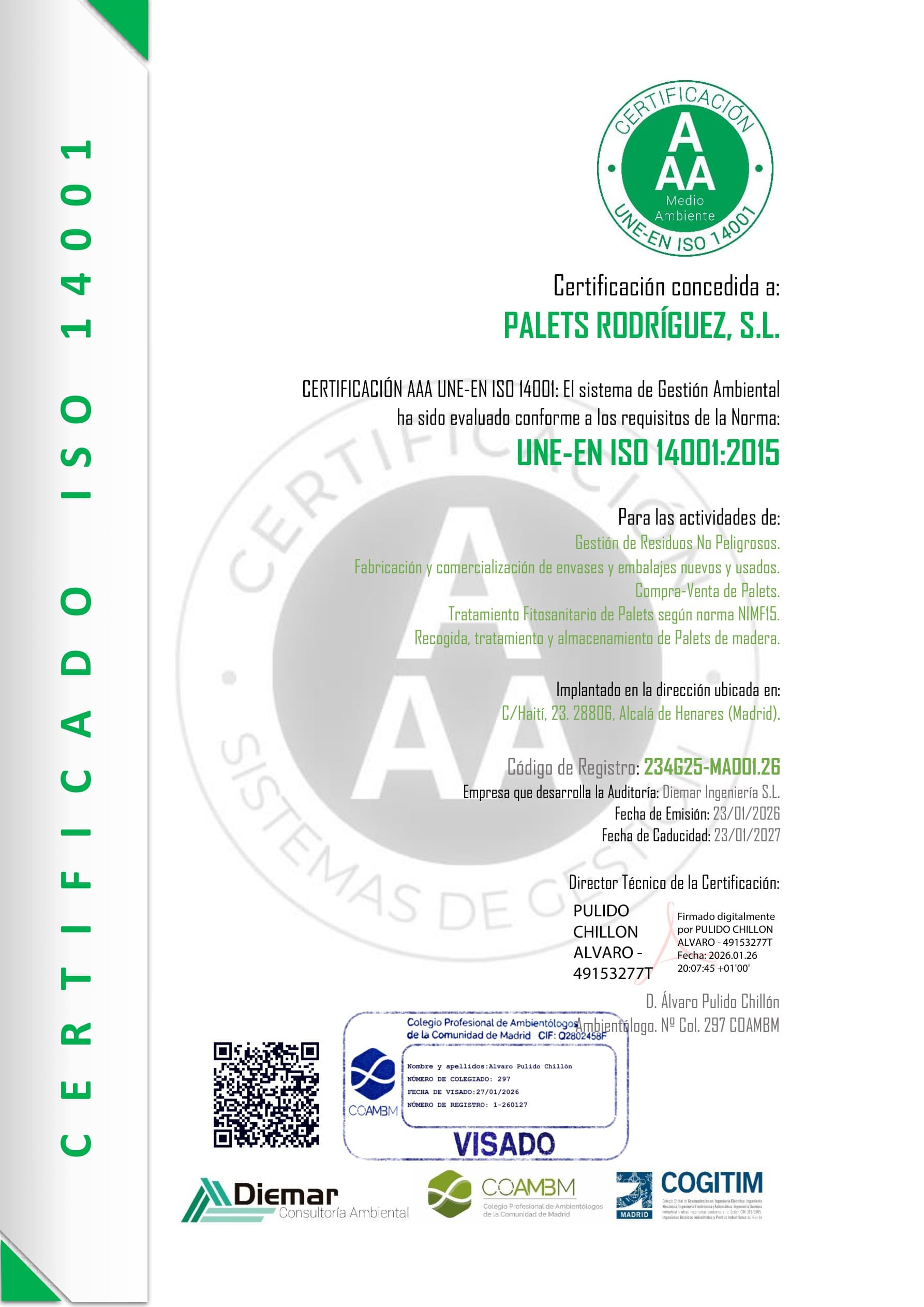 Certificado UNE-EN ISO 14001:2015 (Gestión Ambiental)