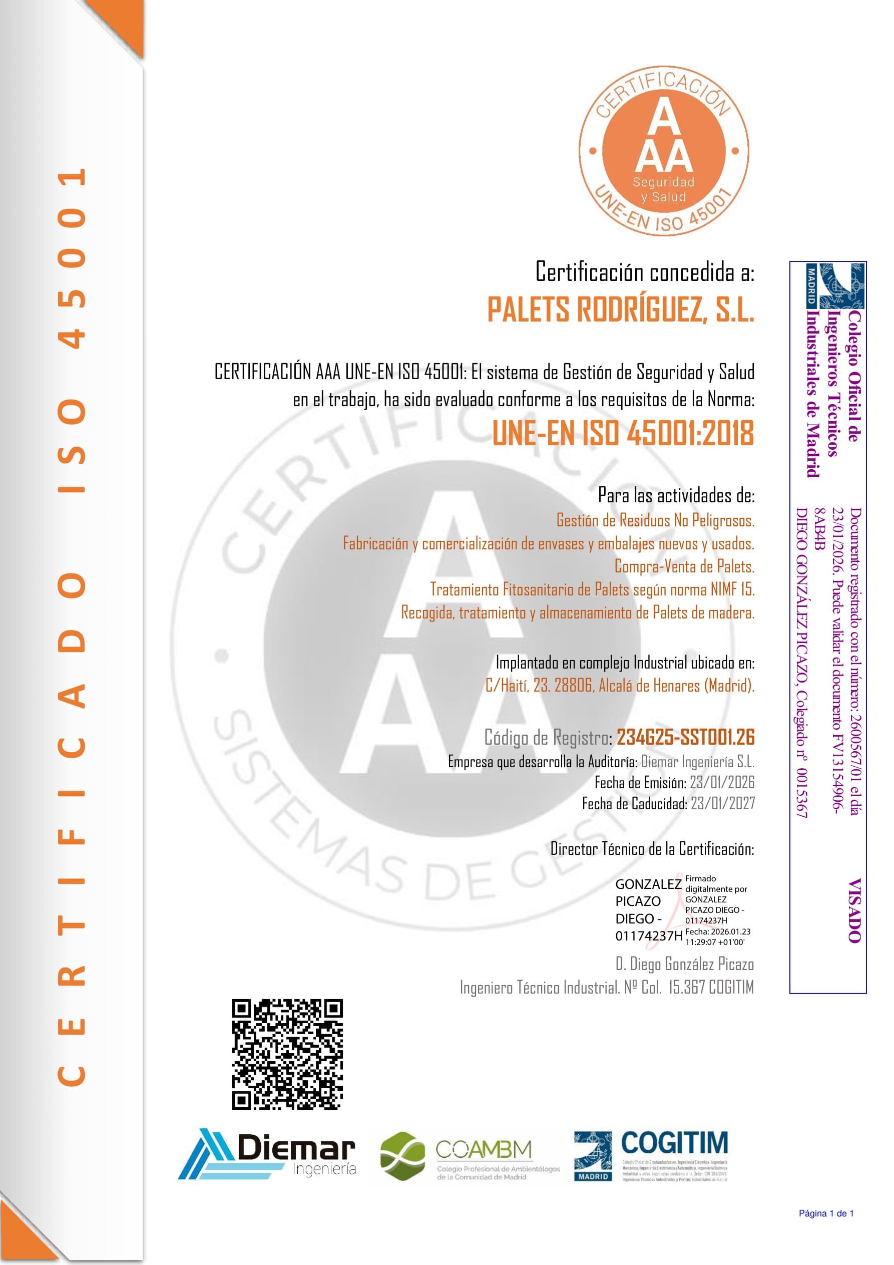 Certificado UNE-EN ISO 45001:2018 (Seguridad y Salud en el Trabajo)