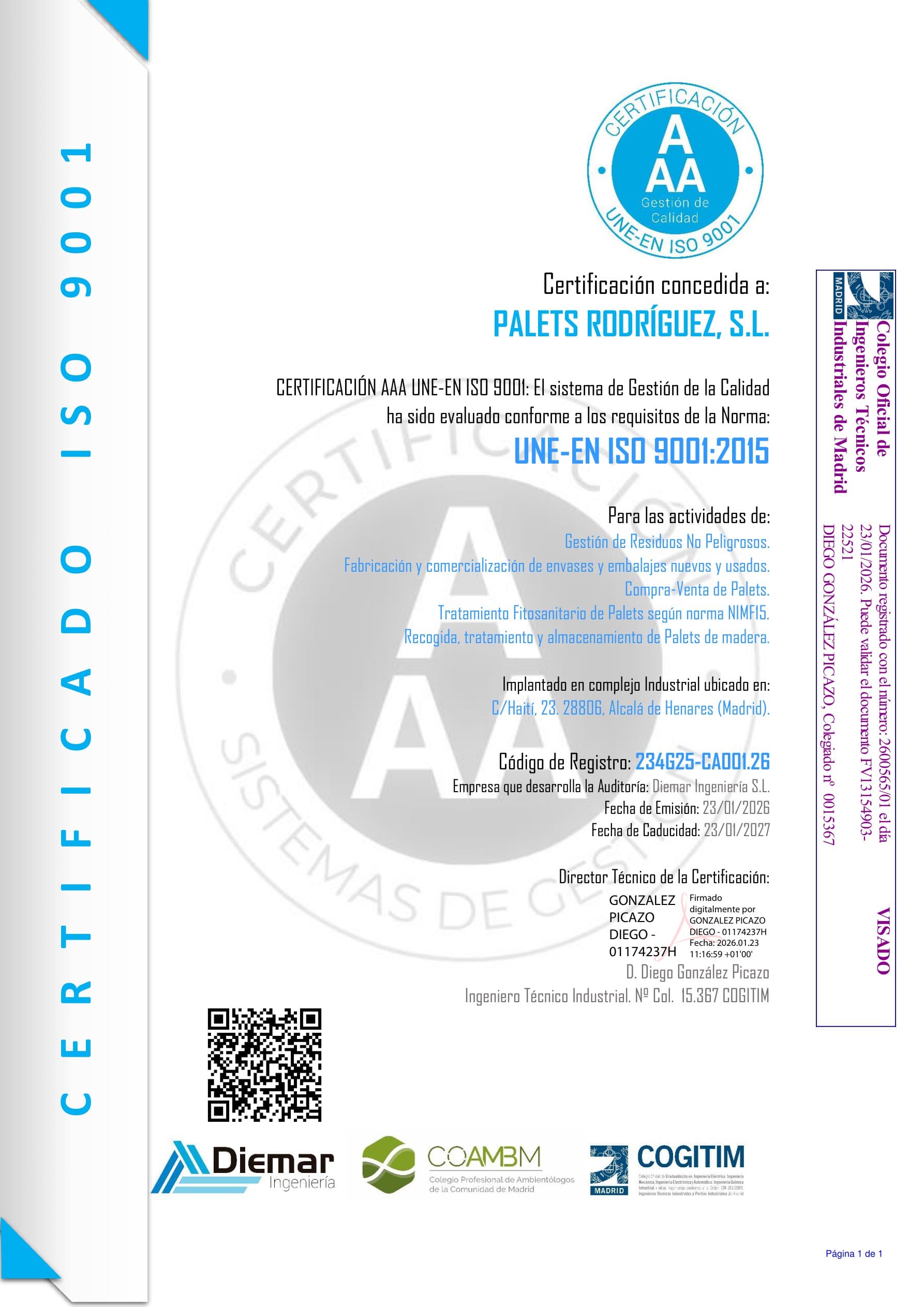 Certificado UNE-EN ISO 9001:2015 (Gestión de Calidad)