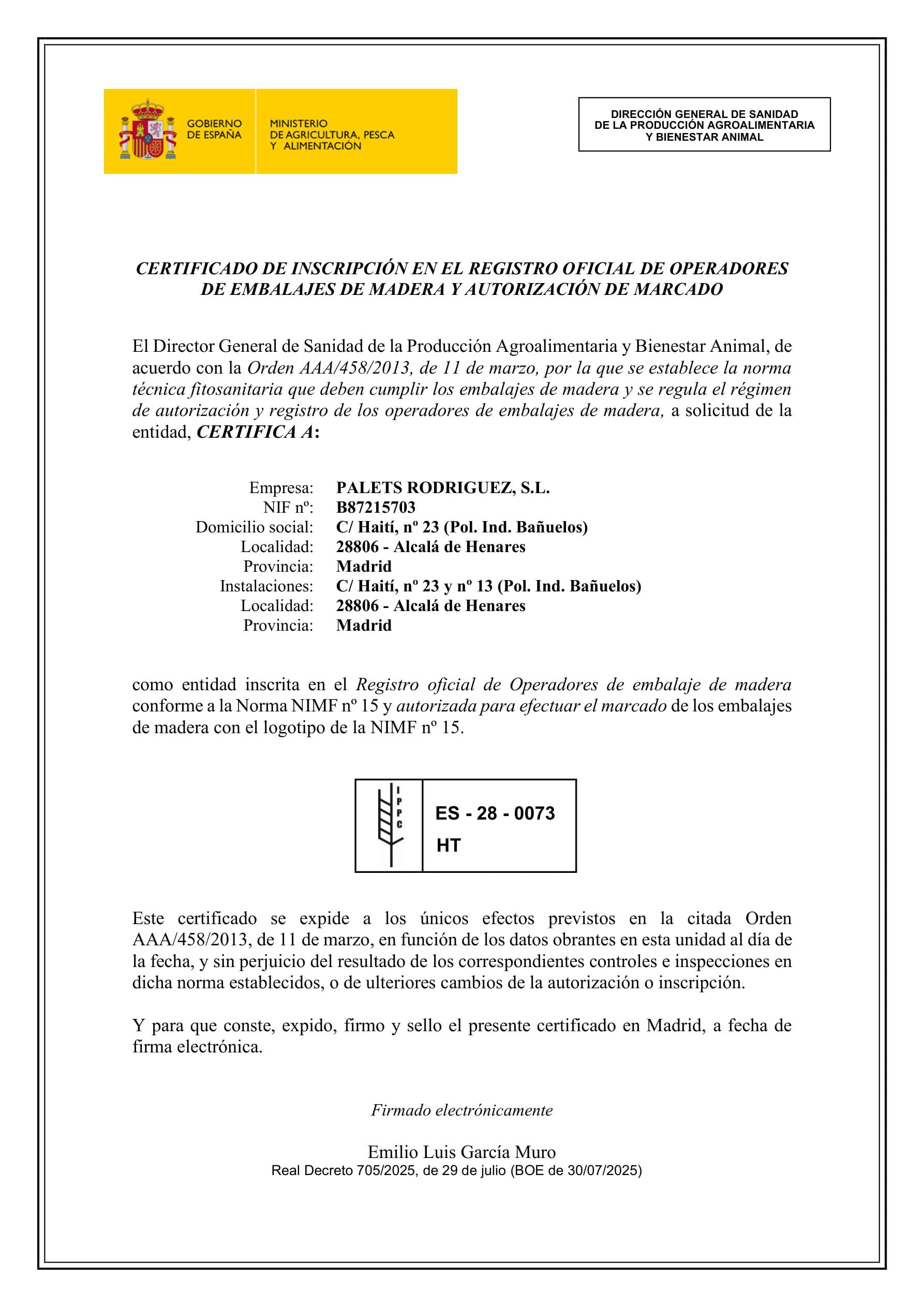 Certificado de inscripción en el Registro de Operadores de Embalajes de Madera NIMF-15