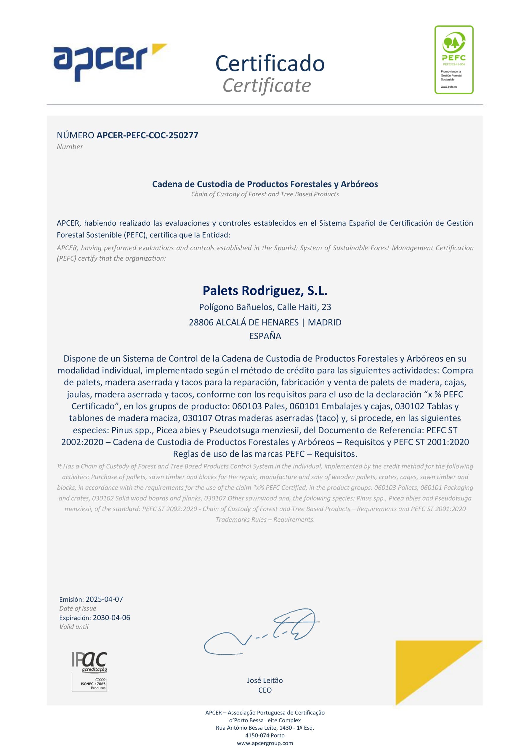Certificado PEFC de cadena de custodia de Palets Rodríguez, S.L.